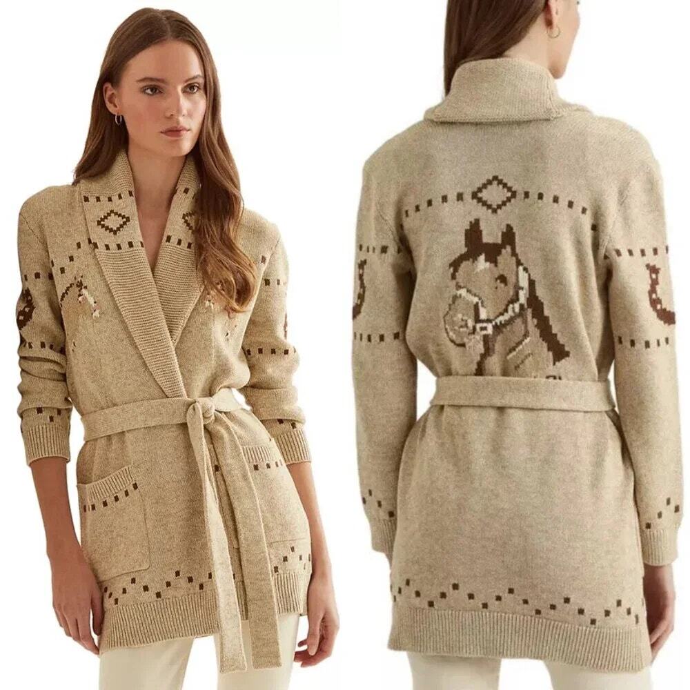 Lauren Ralph Lauren Equestrian Horse Intarsia Belted Cardigan M